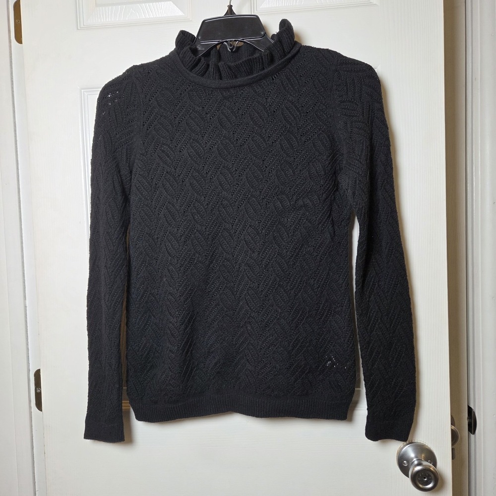 Talbots sz M ruffle neck pullover sweater blk cotton/nylon/wool feminine casual